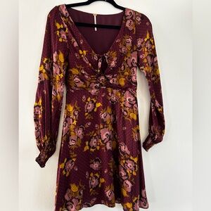 Free People Burgundy Floral Long Sleeve Dress